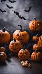 Halloween pumpkins with bats and spiders on dark wooden background.