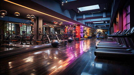 Within gym with modern fitness equipment for fitness events and more. Modern of gym interior with equipment. Sports equipment in the gym. Created with Generative AI - obrazy, fototapety, plakaty