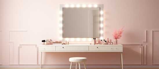 Modern interior design of a makeup artists workstation featuring a dressing room with a mirror table and barbershop aesthetic - obrazy, fototapety, plakaty