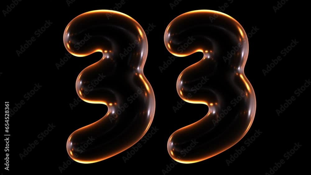 Poster seamless animation of glowing number 33 with light and reflections isolated on black background in 3