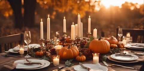 thanksgiving meal, with decorated table including pumpkins, candles and leaves - obrazy, fototapety, plakaty