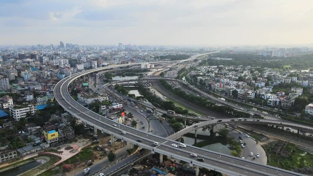 Aerial View of Dhaka Elevated Expressway - Urban Infrastructure in Bangladesh. Dhaka Cityscape