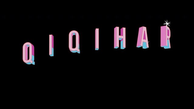 Bright letters jump merrily in the inscription QIQIHAR Big city. Retro. Alpha channel black. Looped from frame 120 to 240, Alpha BW at the end