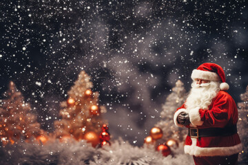 Christmas and New Year background with pine and fir trees and Santa Claus, space for text.