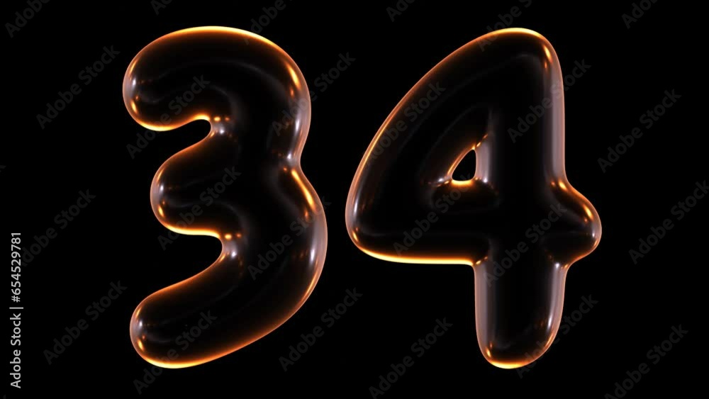 Poster seamless animation of glowing number 34 with light and reflections isolated on black background in 3