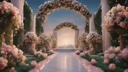 Poster Wedding archway with beautiful flowers at sunset.3d render © Waqar