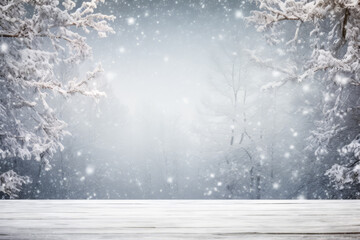 Fototapeta premium Christmas background. Winter landscape with snowdrifts and tree branches in hoarfrost