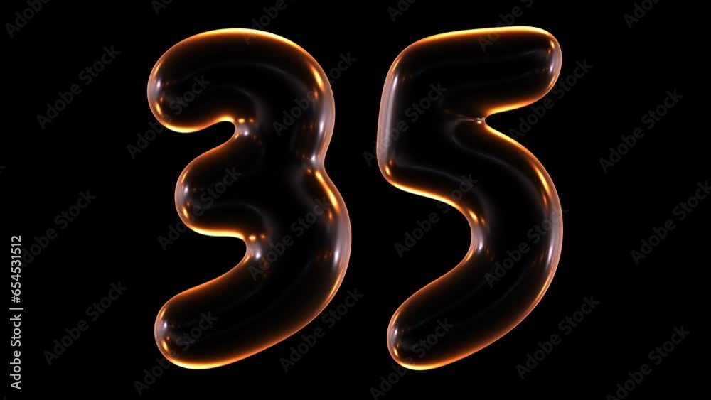Poster seamless animation of glowing number 35 with light and reflections isolated on black background in 3