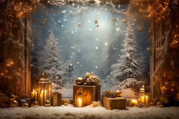 cozy decor in Christmas room interior design with candles, presents and winter landscape painting