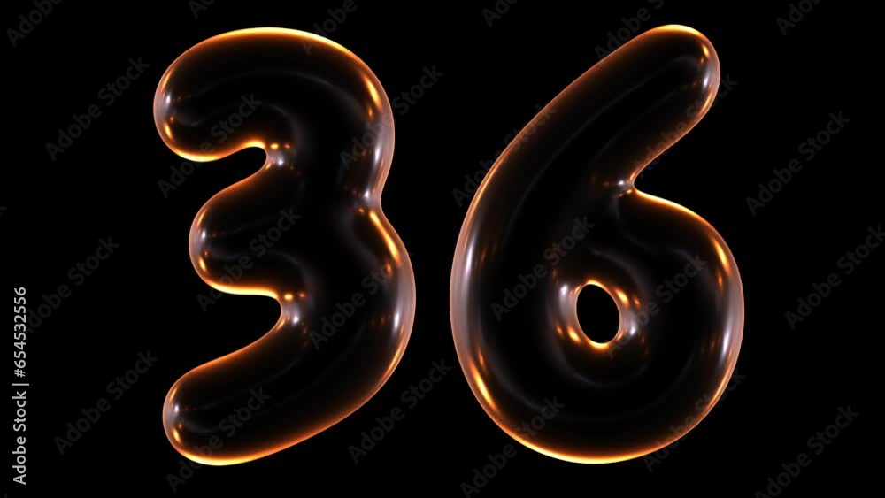 Poster seamless animation of glowing number 36 with light and reflections isolated on black background in 3