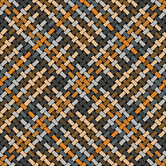 Seamless repeating pattern. Abstract woven fabric with multicolored crossed diagonal lines on a black background. Geometric weft texture with a tartan design. Decorative vector illustration.
