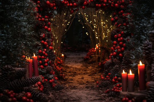 Candlelit Pathway With Pinecones And Red Berries