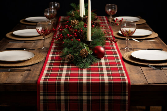 Festive Plaid And Burlap Table Runner Spread Out - Powered by Adobe