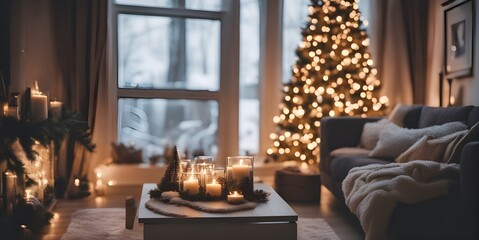 christmas decorated living room, decorated christmas tree, cozy blankets and pillows