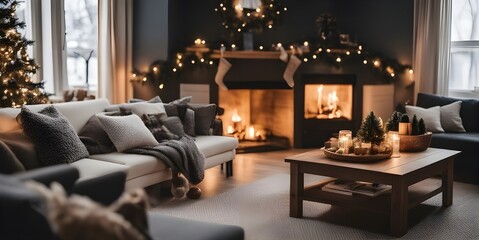 christmas decorated living room, decorated christmas tree, cozy blankets and pillows