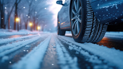 Close-up of a snowy road and winter tires - obrazy, fototapety, plakaty