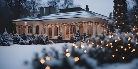 winter decorated house, christmas eve, snowcovered garden 