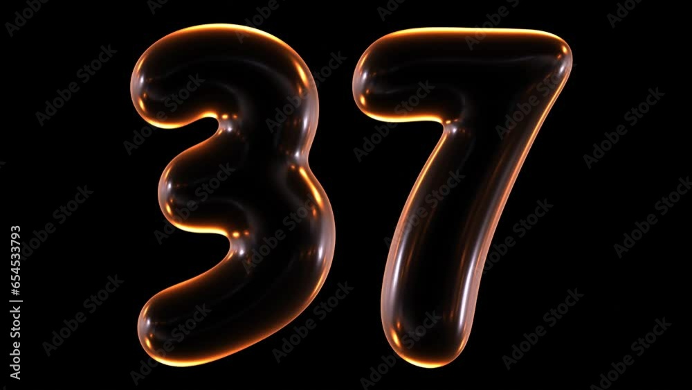 Poster seamless animation of glowing number 37 with light and reflections isolated on black background in 3