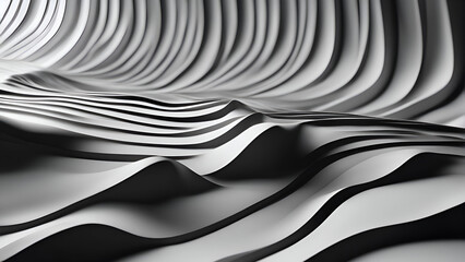 Abstract 3d rendering of wavy surface. Black and white background. Futuristic shape.