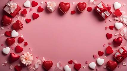 Valentine's day background with red hearts and gift box on pink
