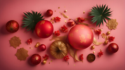 3d rendering of red christmas balls with tropical leaves on pink background