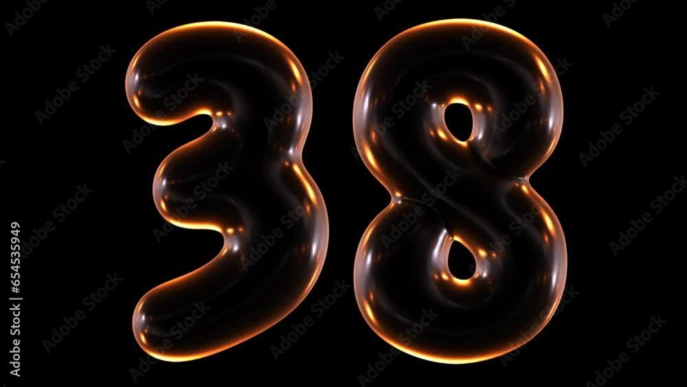 Poster seamless animation of glowing number 38 with light and reflections isolated on black background in 3
