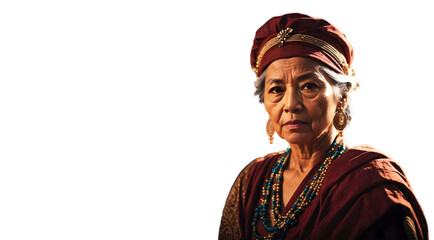 Portrait of elderly wise woman, tribe leader, confident in traditional clothing style, background, banner with copy space text isolated on transparent background 