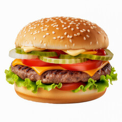 Very colorful burger on white background