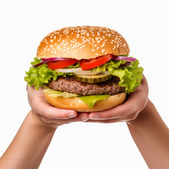 Very colorful burger on white background