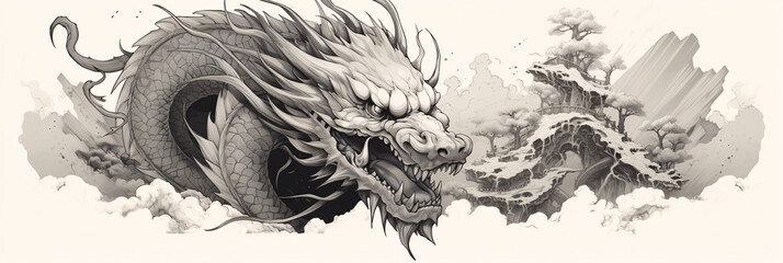 Japanese Fantasy Dragon  A Force of Nature in Vintage Monochrome, Isolated Vector Illustration - obrazy, fototapety, plakaty