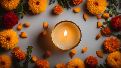 Burning candle with marigold flowers and leaves on white background