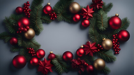 Fototapeta na wymiar Christmas wreath with red baubles and pine branches on dark background