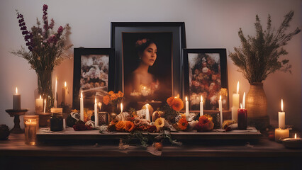 Wedding altar with flowers. candles and photos of the bride - obrazy, fototapety, plakaty