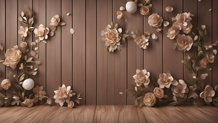 3d render of flowers and easter eggs on wooden background.