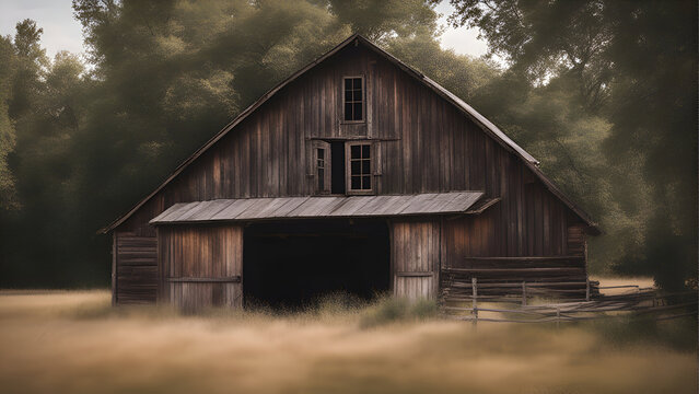 Old barn in the misty forest. 3d render illustration.