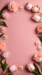Flowers composition. Frame made of pink roses and white daisies on pastel pink background. Flat lay. top view. copy space