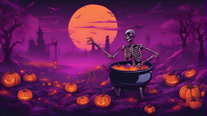 Halloween background with skeleton in a cauldron full of pumpkins