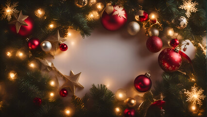 Fototapeta na wymiar Christmas and New Year background with fir branches. red balls and garland