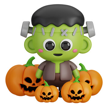 Funny Halloween Cartoon Character Frankenstein Monster with Pumpkin Lanterns isolated. 3d Render Illustration