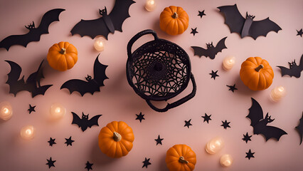 Halloween background with pumpkins. bats and candles. Top view - obrazy, fototapety, plakaty