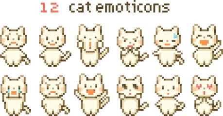 <Pixel art>かわいい子猫の１２の感情のアイコンセット（ドット絵ベクター素材