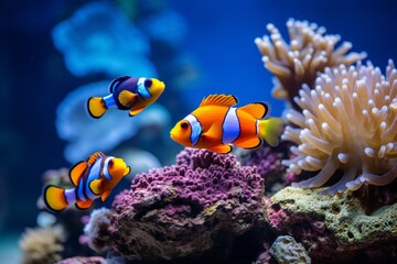 Naklejka na ściany i meble clownfish and blue malawi cichlids swimming near coral