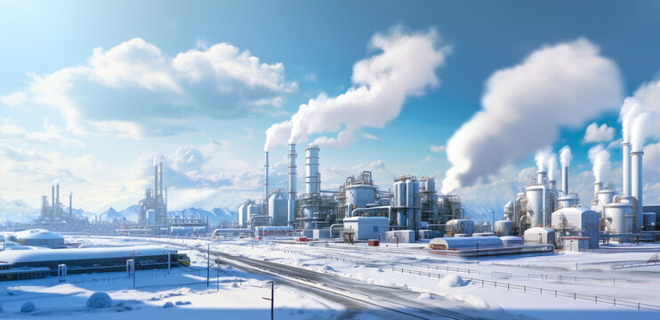 Hydrogen production refinery in snow covered winter landscape, steel tanks and chimneys with clean white smoke - water steam. Eco friendly H2 manufacture as imagined by Generative AI