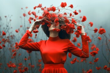 portrait d'une jeune femme glamour en robe rouge avec le  visage caché par un chapeau de fleurs rouges.