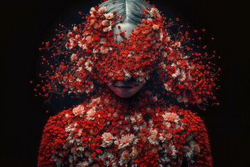 portrait d'une jeune femme glamour dont le visage est masqué par de petites fleurs rouges.