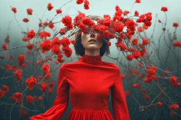 portrait d'une jeune femme glamour habillée en rouge au visage caché par des fleurs rouges.