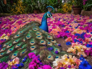 The regal blue and green feathers of a peacock spread wide, blending with a colorful and vibrant...