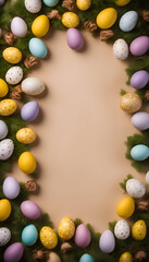 Colorful Easter eggs and spruce branches on a beige background