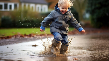 4 year old boy jumping in a puddle. Blond boy in raincoat and wellies. - obrazy, fototapety, plakaty