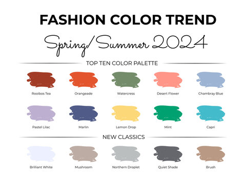Fashion Color Trend Spring - Summer 2024. Trendy colors palette guide. Fabric swatches with color names. Easy to edit vector template for your creative designs.
